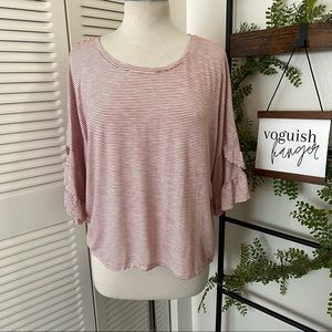 Belle Sky|2XL|White Red Striped 3/4 Ruffle Sleeve Crewneck Cross Open Back Top